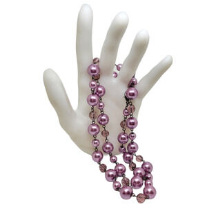 Vintage Round Faux Pink Pearl Glass Beads Gunmetal links and Clasp 30" Necklace